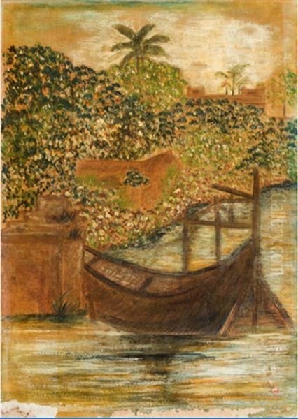 Untitled (boat On Padma Near Shilaidaha) Oil Painting by Rabindranath Tagore