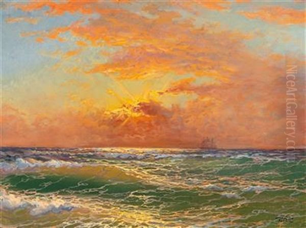 Sunset At Sea Oil Painting by Diyarbakirli Tahsin