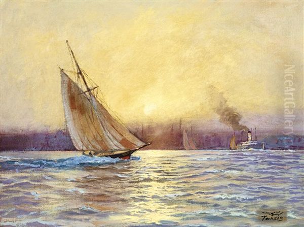 Sailing Boat On Bosporus, With Istanbul In The Background Oil Painting by Diyarbakirli Tahsin