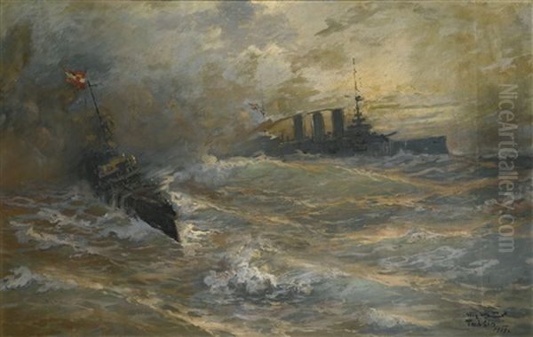 Battleships On High Seas Oil Painting by Diyarbakirli Tahsin