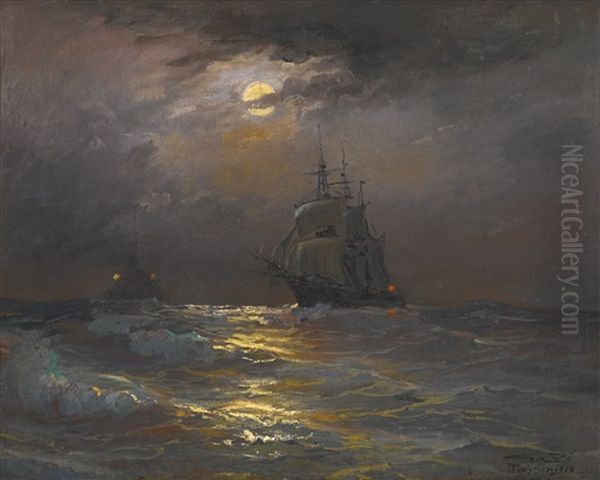 On High Seas, By Moonlight Oil Painting by Diyarbakirli Tahsin