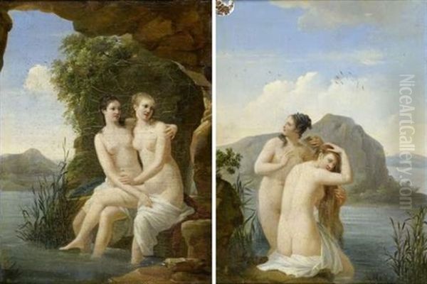 Nymphes Se Baignant (+ Nymphes A L'entree D Une Grotte; 2 Works) Oil Painting by Jean-Joseph Taillasson