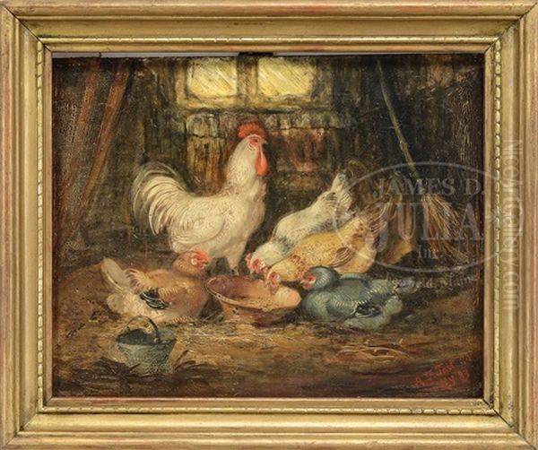 Rooster And Chickens In Barn Interior Oil Painting by Arthur Fitzwilliam Tait