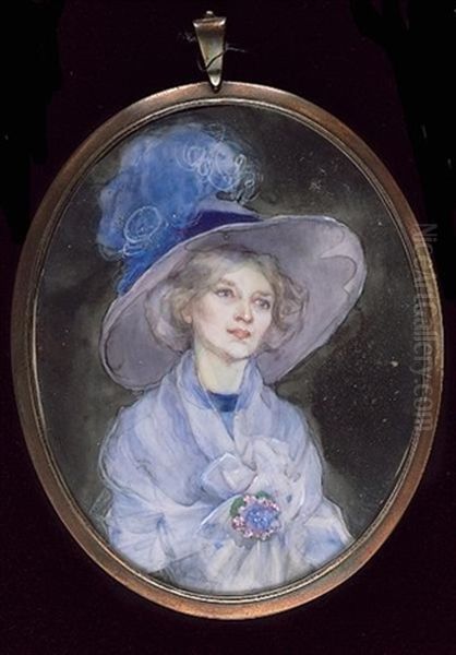 A Lady, Wearing Blue Hat Adorned With An Ostrich Feather, Blue Dress And Matching Robe And Floral Brooch Oil Painting by Bess Norriss Tait