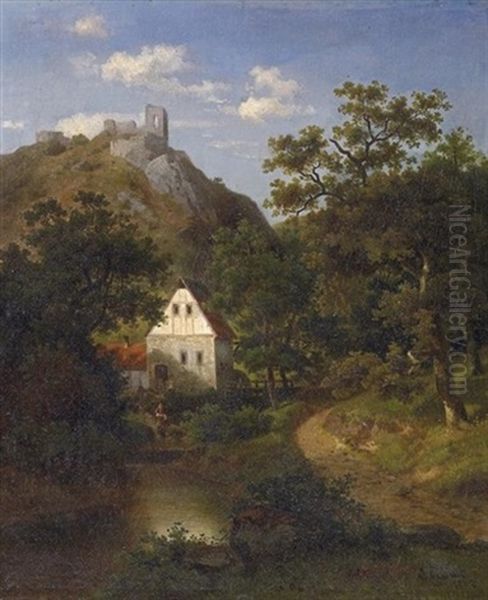 Bewaldete Landschaft Mit Wassermuhle. Hoch Auf Dem Berg Dahinter Eine Burgruine Oil Painting by John Robinson Tait