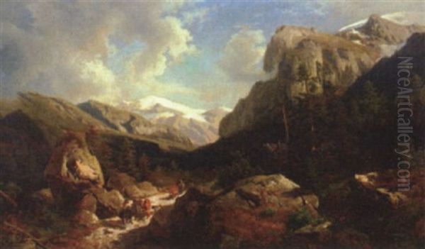 Cattle Drovers In An Extensive Mountain Landscape Oil Painting by John Robinson Tait