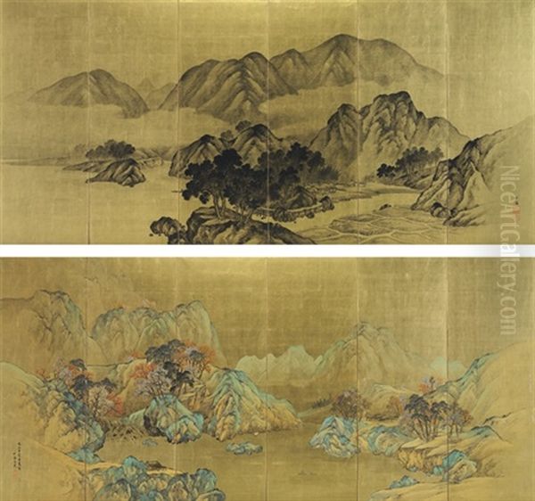 Chinese Landscapes In Spring (+ Fall; Pair) Oil Painting by Hokkai Takashima