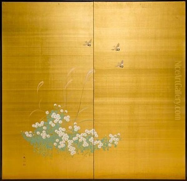 Two-fold Screen Oil Painting by Hakuhou Takebe