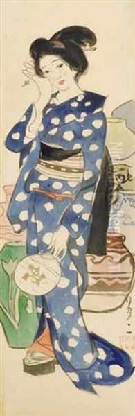 Vase Store Woman Oil Painting by Yumeji Takehisa