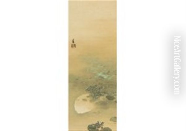 Duckweed And Moon Oil Painting by Seiho Takeuchi