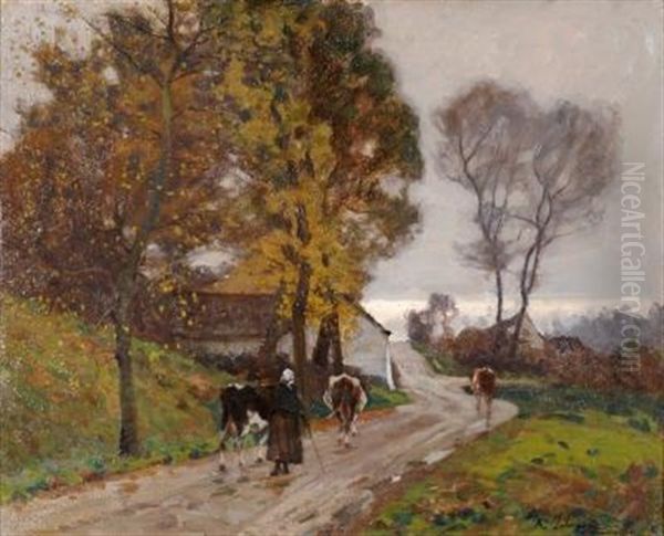 The Way Home, A Milkmaid And Cattle On A Farm Lane Oil Painting by Algernon Talmage