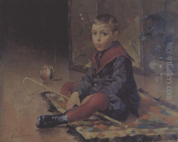 L'enfant A La Balle Oil Painting by Adrien-Andre Tamaux