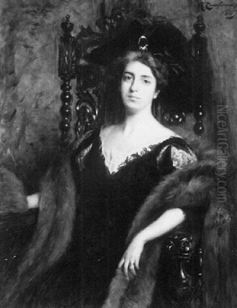 Portrait Of A Seated Woman In A Black Dress With A Mink Stole Oil Painting by Arnaldo Casella Tamburini Jr.