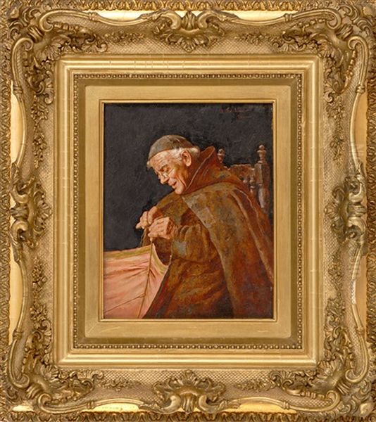 Portrait Of A Monk Mending Oil Painting by Arnaldo Tamburini