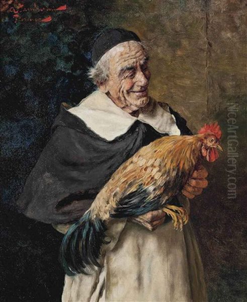 A Monk Holding A Cockerel Oil Painting by Arnaldo Tamburini