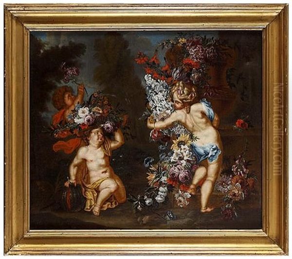 A Putto With Flowers Oil Painting by Franz Werner von Tamm