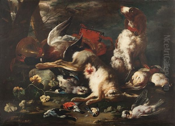 Still Life With Hunting Trophies, A Young Dog And A Red Powder Bag Oil Painting by Franz Werner von Tamm