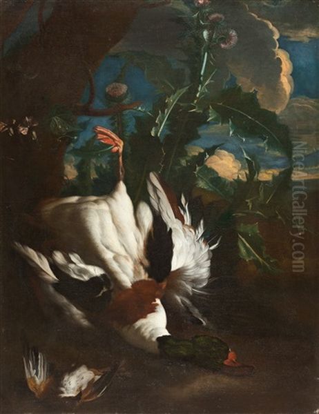 Jagdstilleben Mit Erlegter Ente, Im Hintergrund Eine Distel Oil Painting by Franz Werner von Tamm