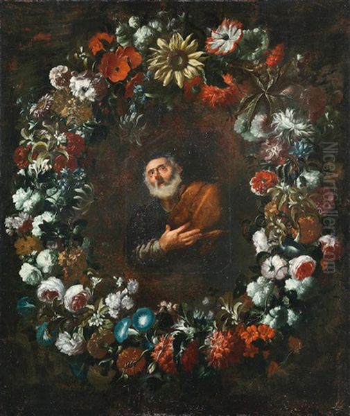 A Garland Of Flowers With Carnations, Roses And A Sunflower, With An Added Central Cartouche Depicting The Penitent Saint Peter by Franz Werner von Tamm