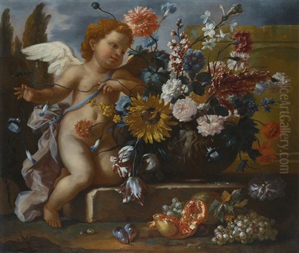 Still Life Of Flowers In An Urn With A Putto On A Stone Ledge Oil Painting by Franz Werner von Tamm