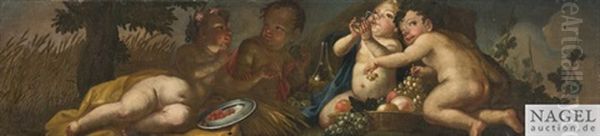 Zwei Supraporten Mit Spielenden Putti, Blumen Und Fruchten Vor Landschaftshintergrund (pair) Oil Painting by Franz Werner von Tamm