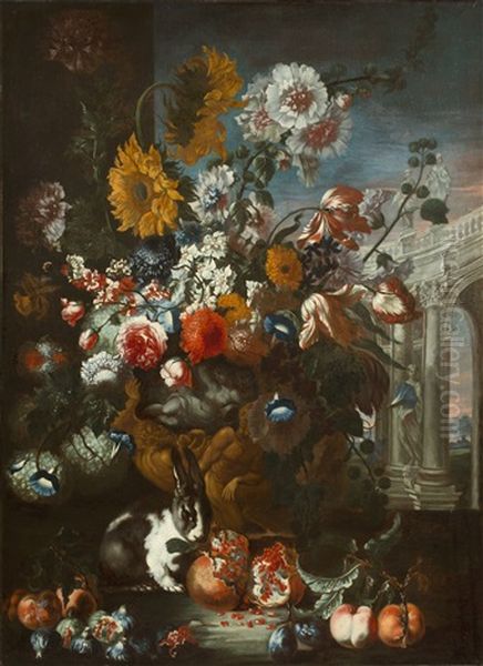 Still Life With Rabbit, Flowers And Fruits, Before An Arcade Oil Painting by Franz Werner von Tamm