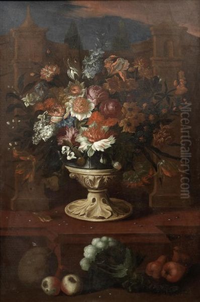 A Still Life Of Flowers In An Urn With Fruit And Flowers On A Ledge Below Oil Painting by Franz Werner von Tamm