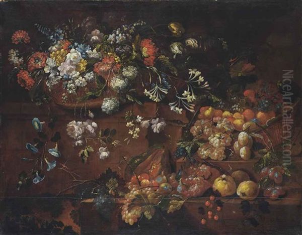 Peonies, Carnations, Roses, Hydrangeas, Tulips, Morning Glory And Other Flowers In A Wicker Basket On A Stone Ledge, With Plums, Grapes, Lemons And Other Fruit In A Wicker Basket With Grapes, Plums, A Gourd, Figs, Lemons, Strawberries, Blackberries On Sto Oil Painting by Franz Werner von Tamm