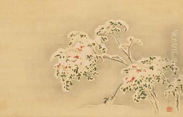 Wagtail And Nandina In Snow by Totsugen Tanaka