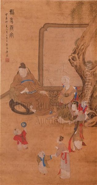 Ink And Color On Silk Painting 'family Oil Painting by  Tang Yin