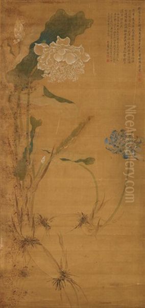 Lotus Root And Flowers Oil Painting by  Tang Yin