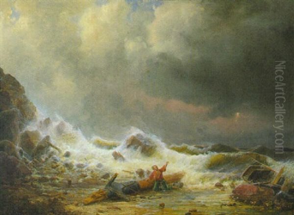 Schiffbruchiger Seemann Bei Unwetter An Felsiger Kuste Bei Wrackteilen Und Vor Gischtenden Wogen Oil Painting by Heinrich Friedrich Tank