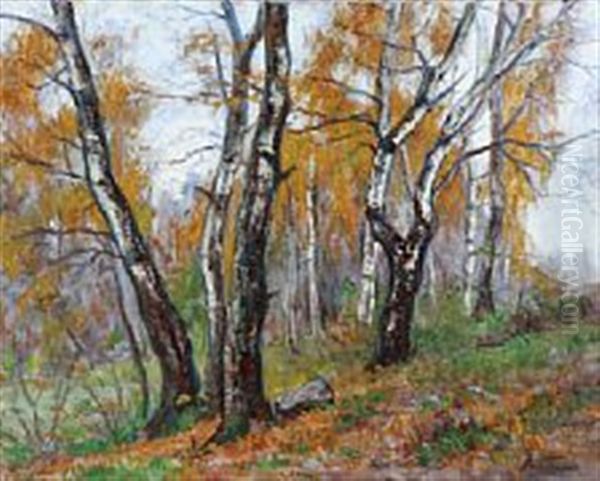 Autumn Forest With Birch Trees Oil Painting by Marie K. H. Tannaes