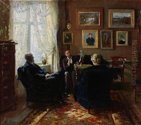 Interior Of A Living Room With Three People Talking Oil Painting by Marie K. H. Tannaes