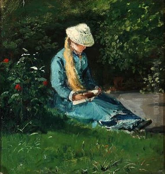 A Young Girl Reading In A Garden Oil Painting by Marie K. H. Tannaes