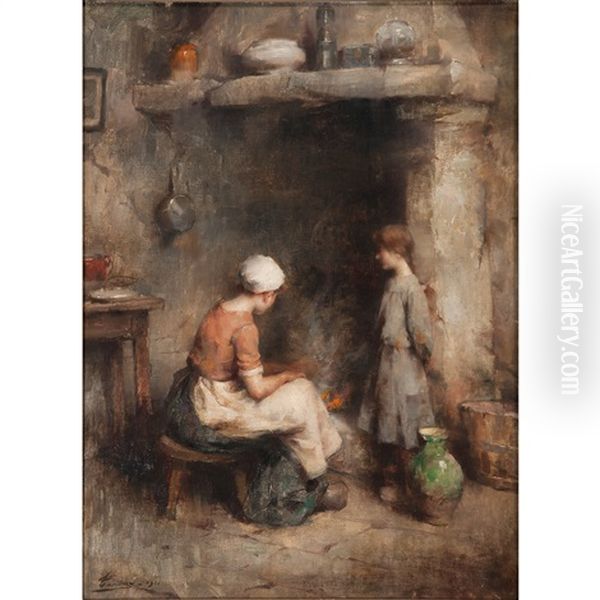 By The Hearth Oil Painting by Henri Adrien Tanoux