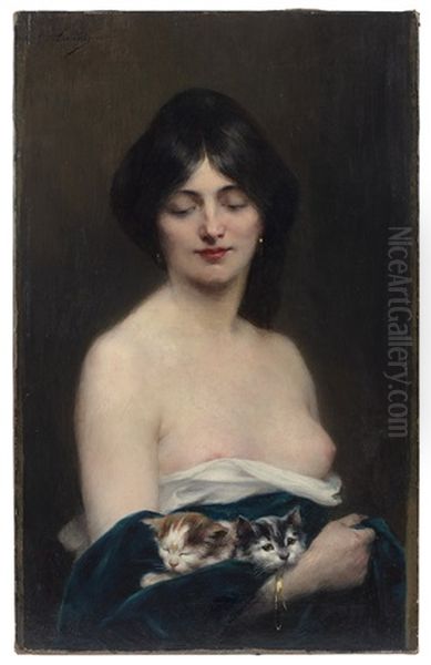 Jeune Femme Aux Chatons Oil Painting by Henri Adrien Tanoux