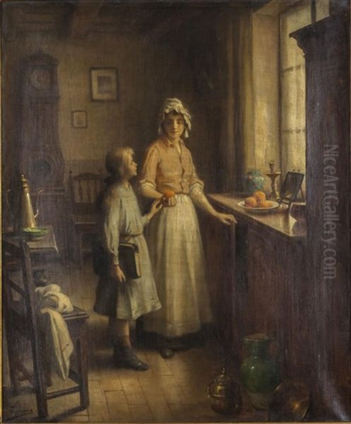 Two Girls With Orange Oil Painting by Henri Adrien Tanoux