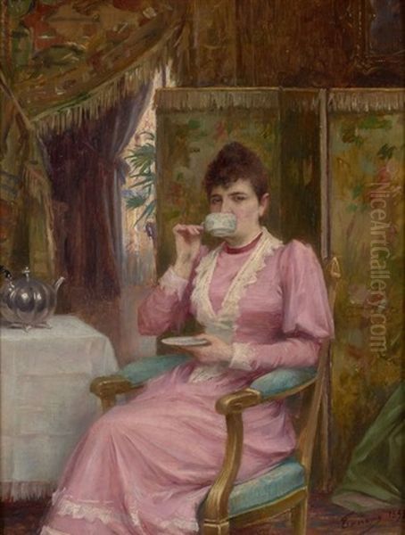 Dame Buvant Une Tasse De The Dans Un Interieur Oil Painting by Henri Adrien Tanoux