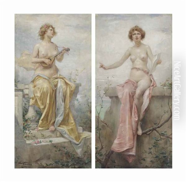 An Allegory Of Music (pair) Oil Painting by Henri Adrien Tanoux