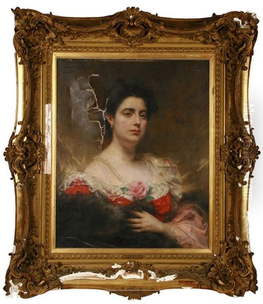 Portrait De Femme Au Bouquet De Roses Oil Painting by Henri Adrien Tanoux