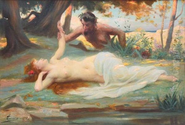 Nymphe Et Faune Au Bord De L'eau Oil Painting by Henri Adrien Tanoux