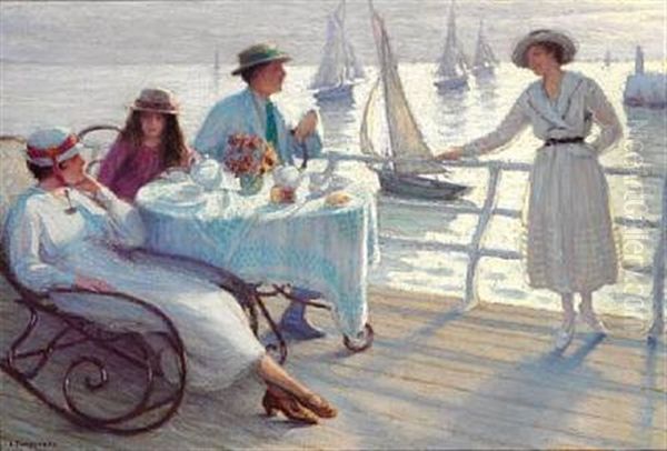 Elegant People In Summer Dresses Drinking Tea On The Pier Oil Painting by Lucien Tanquerey