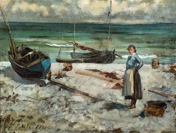 Zwei Fischerboote Mit Fischerin Bei Yport Oil Painting by Leon Tanzi