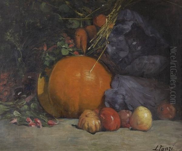 Fruchtestilleben Mit Kurbis. Kurbis, Ruben, Roter Kohl Und Obst Oil Painting by Leon Tanzi