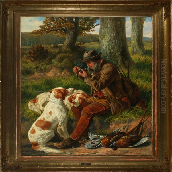 Landscape With Hunter And His Dogs Oil Painting by Edward R. Breach