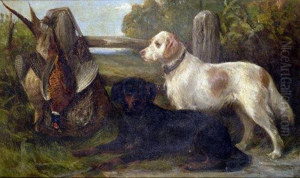 Left In Charge, Gun Dogs With The Days Bag Oil Painting by Edward R. Breach