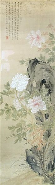 Pink And White Peony Blooms By A Rock Oil Painting by  Tao Qi