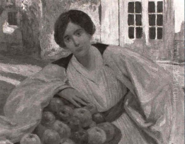 Rose Chatain Avec Une Cape Rose Tenant Un Panier De Pommes  A Auliac Oil Painting by Edmond Anne Antoine Tapissier