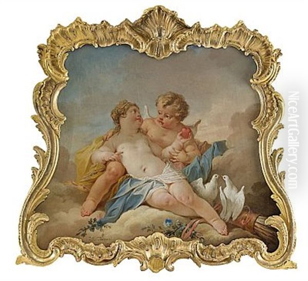 Allegori Over Karleken - Motiv Med Amor Och Flicka Hallande Ett Hjarta, Turturduvor Och Karlekens Pilar I Koger - Kartuschformat Dorroverstycke Oil Painting by Guillaume Thomas Raphael Taraval